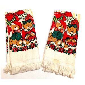 Vintage Cannon Christmas Bears Hand Towes Set of 2 Cotton Cream Red Green 25x16